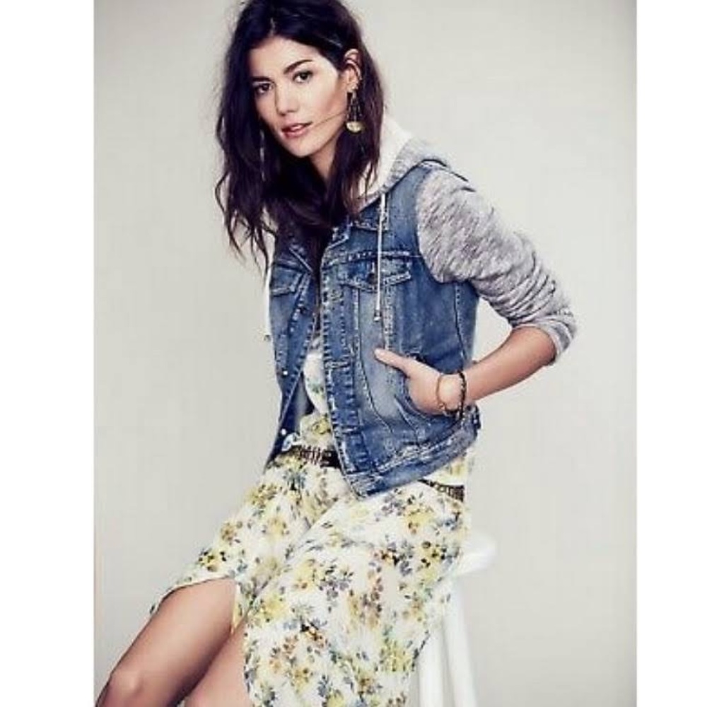 Free People Hooded Denim Jacket Distressed Size Small